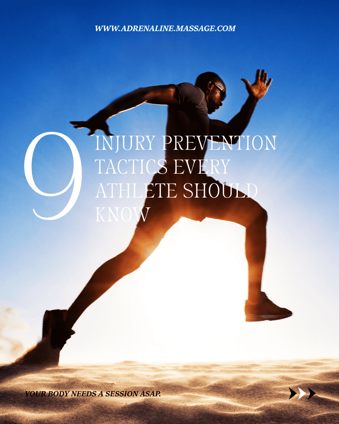 Athlete running on a beach at sunset.