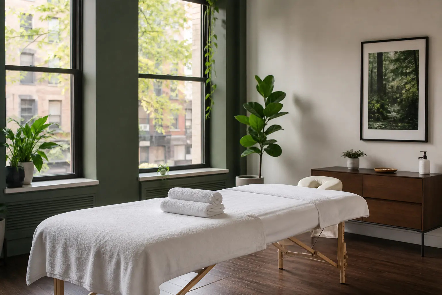 Licensed massage therapist treatment room in Brooklyn at Adrenaline Sports Massage.