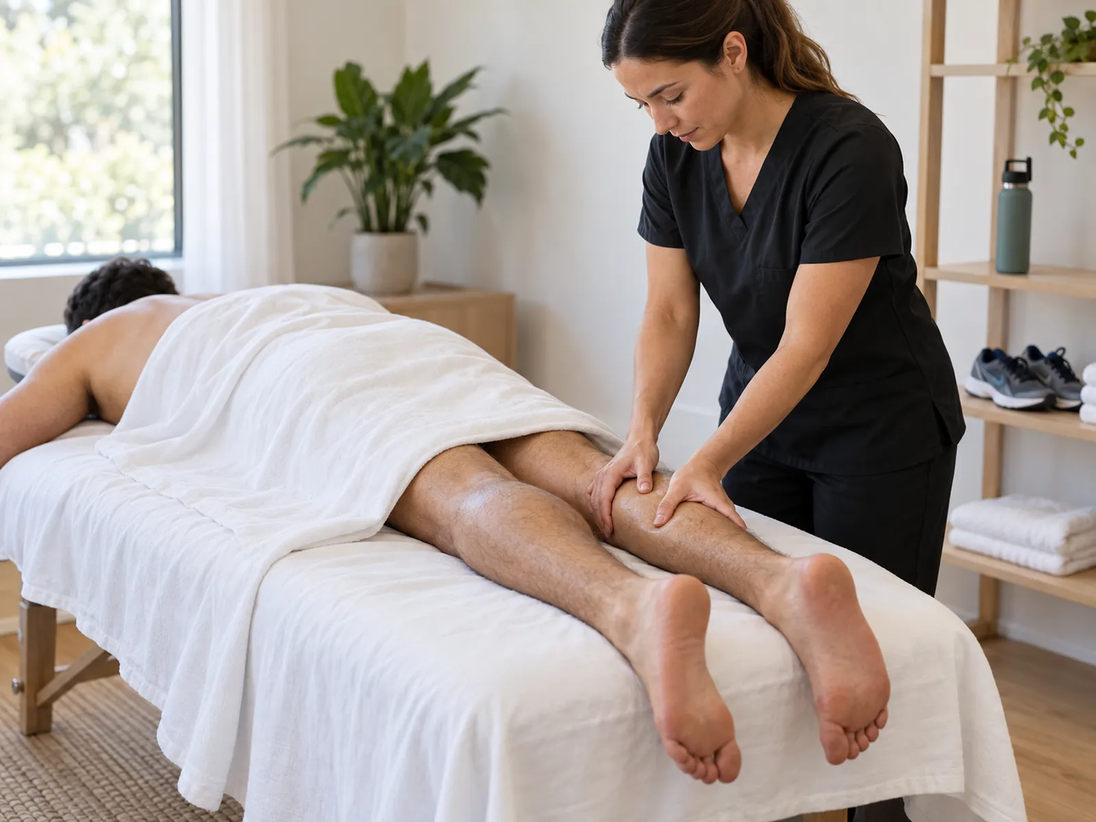 Massage therapist working on a runner’s calf on a treatment table